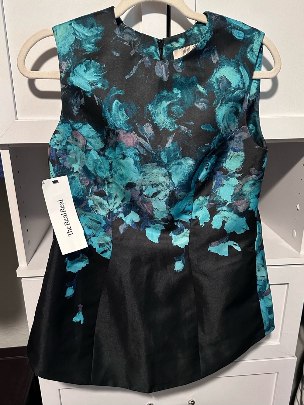 Lela Rose Black Teal Floral Sleeveless Blouse Size Unlisted W/Real Real Tag